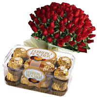 Send Friendship Day Gifts Online of 16 Pcs Ferrero Rocher Chocolates to Mumbai with 50 Red Roses Bunch 