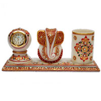 Send Diwali Gifts to Mumbai incorporate with Ganesh, Clock and Pen Holder in Marble