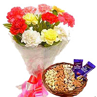 Send Diwali Gifts to Mumbai that include 12 Mixed Flowers Bouquet with 1/2 Kg Assorted Dry Fruits and 2 Dairy Milk Chocolates to Mumbai Online