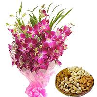 Order Friendship Gifts Online, 12 Orchid Stem Flower Bouquet with 500 gm Assorted Dry Fruits to Mumbai