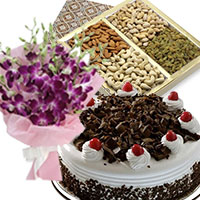 Send 5 Purple Orchids Bunch, 1/2 Kg Black Forest Cake with 500 gm Mix Dry Fruits to Amravati with New Year Gifts in Vashi