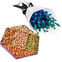 Order Online Friendship Day Gifts, Blue Orchid Bunch 10 Flowers Stem with 1/2 Kg Mix Dry Fruits to Mumbai
