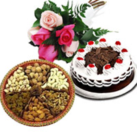 Best Diwali Gifts to Mumbai to Send 6 Mix Roses 1/2 Kg Black Forest Cake with 500 gm Mix Dry Fruits