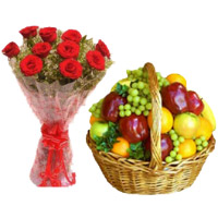 Diwali Gifts to Mumbai to Send 12 Red Roses Flower Bouquet Online Mumbai with 2 Kg Mix Fresh Fruits