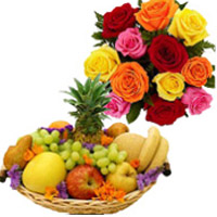 Buy Birthday Gifts consist of 12 Mix Roses Bunch with 1 Kg Fresh Fruits to Mumbai with Basket