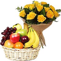Order Best Gift for Friendship Day, 10 Yellow Rose Bunch 2 Kg Fresh Fruit Basket Delivery Mumbai