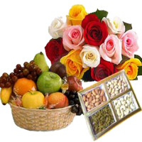 Deliver Online 12 Mix Roses Bunch with 1 Kg Fresh Fruits Basket and 500 gm Mix Dry Fruits.