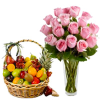 Best Diwali Gifts in Pune to Deliver 12 Pink Roses in Vase with 1 Kg Fresh Fruits Mumbai in Basket