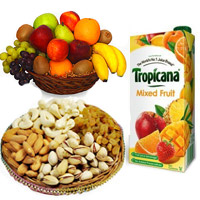 Place Order for New Year Gifts in Mumbai containing 1 Kg Fresh Fruits Basket with 500 gm Mix Dry Fruits and 1 ltr Mix Fruit Juice