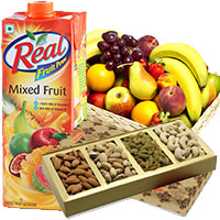 Online Diwali Gifts Delivery in Mumbai for 1 Kg Real Juice with 2 Kg Fresh Fruits Basket and 1 Kg Mix Dry Fruits to Mumbai