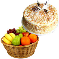 Order Bhaidooj Gifts to Mumbai be Composed of 1 Kg Fresh Fruits Online Mumbai in Basket with 500 gm Butter Scotch Cakes