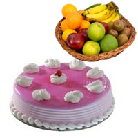 Order for Anniversary Gifts and 1 Kg Fresh Fruits Basket with 1 Kg Strawberry Cakes in Mumbai