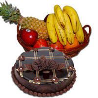 Place Order to Send 1 Kg Fresh Fruits Basket with 1 Kg Chocolate Truffle Cake and Anniversary Gifts in Mumbai