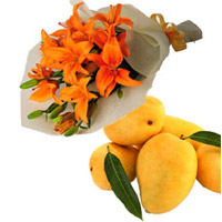 Send Friendship Day special Gifts, Orange Lily Bouquet 4 Flower Stems with 12 pcs Fresh Mango Fruits