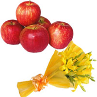 Send Friendship Gifts Online, Yellow Lily Bouquet 3 Flower Stems with 1 Kg Fresh Apple  on Friendship Day