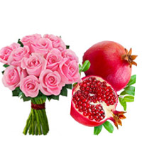 Order Special friend Gifts, Pink Roses Bouquet 12 Flowers with 1 Kg Promegranate, Fruits Buy Online Mumbai