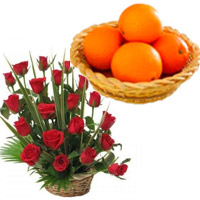 Send Diwali Gifts to Mumbai contain 20 Fresh Red Roses Basket with 12 pcs Orange