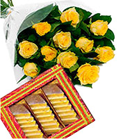 Send Friendship Gifts of 1 kg Kaju Katli with 12 Yellow Roses