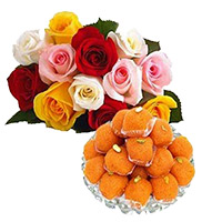 Gifts of 1 kg MotiChoor Laddoo with 12 Mix Roses Bouquet in Mumbai : Birthday Sweets to Mumbai