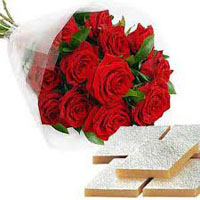 Deliver Diwali Gifts in Mumbai. 12 Red Roses and 250 gm Kaju Burfi