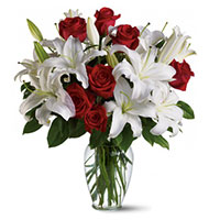 Place Order to send Diwali Flowers to Navi Mumbai containing 4 White Lily 12 Red Roses in Vase