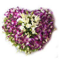 Send Best Diwali Flowers to Mumbai with 3 White Lily 15 Orchids Heart Arrangement