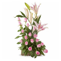 Send Friendship Day Flowers to Mumbai. 4 Pink Lily 20 Pink Roses Basket