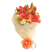Online New Year Flower Delivery in Mumbai and 2 Orange Lily 12 Yellow Carnation Bouquet in Mumbai