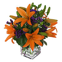 Early Morning Flowers Delivery to Mumbai for Diwali Puja. Orange Lily Vase 4 Flower Stems