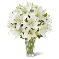 Send Flowers for Friends to Mumbai. White Asiatic Lily in Vase 10 Flower Stems in Mumbai