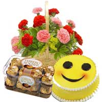 15 Red Pink Carnation Basket with 16 pcs Ferrero Rocher and 1 Kg Smiley Cakes Mumbai. Diwali Gifts in Andheri