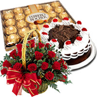 Send 24 Red Roses Basket with 0.5 Kg Black Forest Cake and 24 pcs Ferrero Rocher Chocolate to Mumbai. Rakhi Gifts to Mumbai