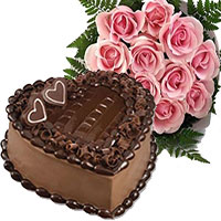 Send Flowers in Mumbai. Bunch of 15 Pink Roses 1 Kg Heart Shape Chocolate Truffle Cake to Mumbai