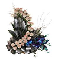 Send Friendship Day Flower Delivery in Mumbai. 6 Blue Orchid 24 Pink Roses Flower Arrangement to Mumbai