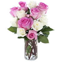 Diwali Flowers to Pune online. Deliver Pink White Roses Vase 12 Flowers