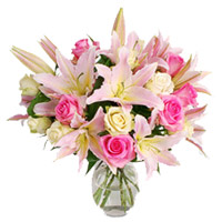 Send Friendship Day Flowers to Mumbai, Pink Lily Roses White Roses Vase 18 Flowers in Mumbai 