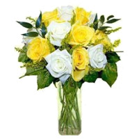 Send Diwali Flowers to Mumbai. Yellow White Roses Vase 12 Flowers in Mumbai