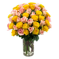 Place Order for Bhaidooj Flowers, Yellow Pink Roses Vase 50 Flowers in Mumbai