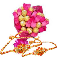 Online Rakhi Delivery in Mumbai with Pink Roses 10 Flowers 16 Pcs Ferrero Rocher Bouquet