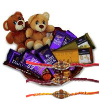 Buy Best Rakhi Gift in Mumbai that includes Twin Teddy Chocolate Basket