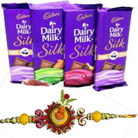Gift Delivery in Mumbai Same Day consist of 4 Cadbury Dairy Milk Silk Chocolates With 6 Red Roses on Rakhi
