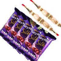 Order 5 Cadbury Silk Bubbly Chocolate With 3 White Roses with rakhi Delivery in Mumbai