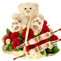 Online Rakhi Gift Delivery to Mumbai contain 12 Red Roses, 10 Ferrero Rocher and 9 Inch Teddy Basket