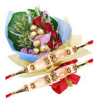 Send 6 Red Roses 10 Pcs Ferrero Rocher Bouquet to Mumbai on Rakhi. Send Rakhi Gifts to Mumbai