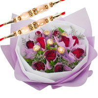 Online Rakhi Gift Delivery of 12 Red Roses 5 Ferrero Rocher Bouquet Mumbai