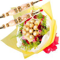 Rakhi and Rakhi Gift Delivery to Mumbai. 12 Red Pink Roses 16 Pcs Ferrero Rocher Bouquet