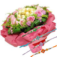 Deliver Online 24 Pink Roses and 24 Pcs Ferrero Rocher Bouquet with Rakhi to Mumbai