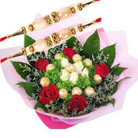 Send Rakhi Gifts to Mumbai. Online 10 Pcs Ferrero Rocher with 10 Red White Roses Bouquet to Mumbai
