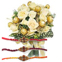Rakhi Gifts Delivery in Mumbai that includes 16 Pcs Ferrero Rocher with 16 White Roses Bouquet
