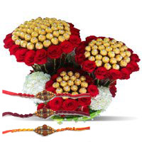 Send Online Rakhi to Mumbai including 96 Pcs Ferrero Rocher 200 Red White Roses Bouquet